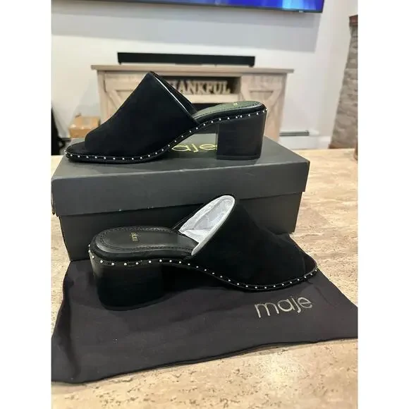 NEW In Box Maje Wave Suede Black Block Heel Mules Womens 38 / 7.5 - Picture 7 of 7